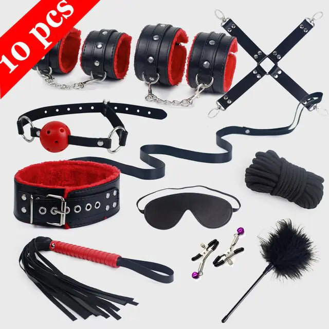 BDSM Bondage Set Erotic Bed Games Adults Handcuffs Nipple Clamps Whip Spanking SM Kits Role Playing Sex Toys for Couple