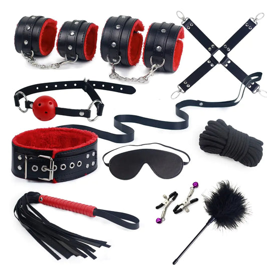 Bdsm Bondage Set Erotische Bed Games Volwassenen Handboeien Tepelklemmen Zweep Spanking Sm Kits Rollenspel Speeltjes Voor Paar